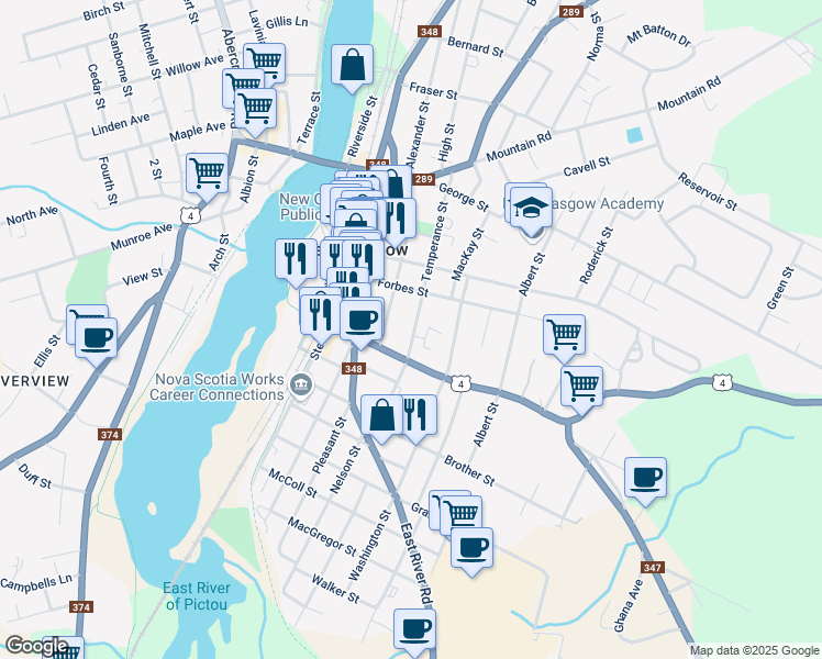 map of restaurants, bars, coffee shops, grocery stores, and more near 245 Temperance Street in New Glasgow