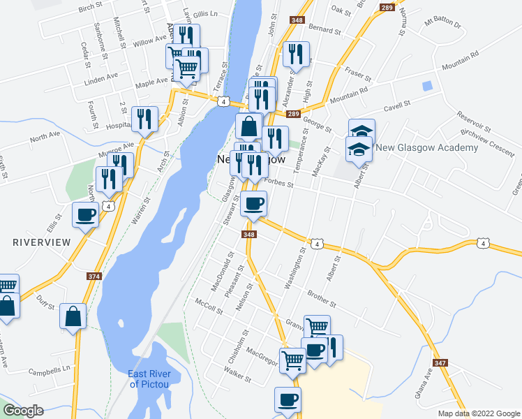 map of restaurants, bars, coffee shops, grocery stores, and more near 219 James Street in New Glasgow