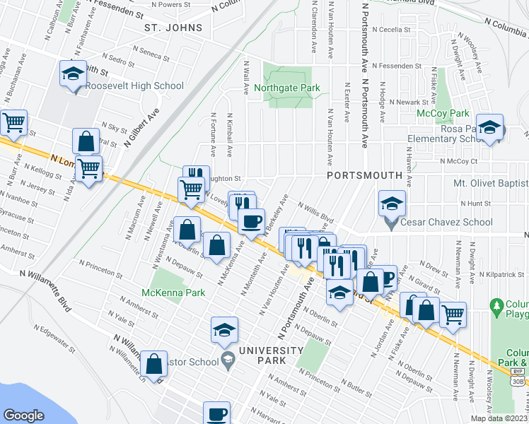 map of restaurants, bars, coffee shops, grocery stores, and more near 7804 North McKenna Avenue in Portland