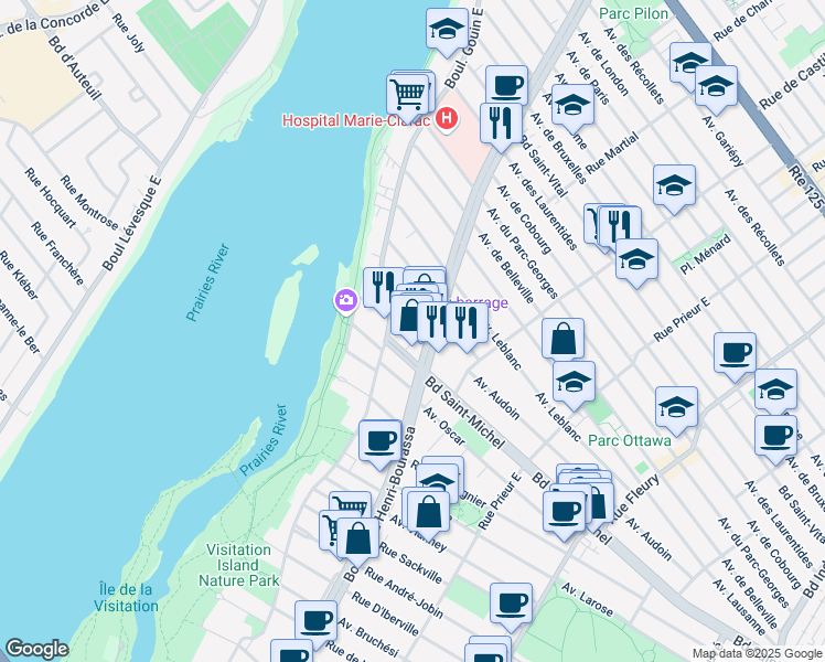 map of restaurants, bars, coffee shops, grocery stores, and more near 11000 Avenue Mackay in Montreal