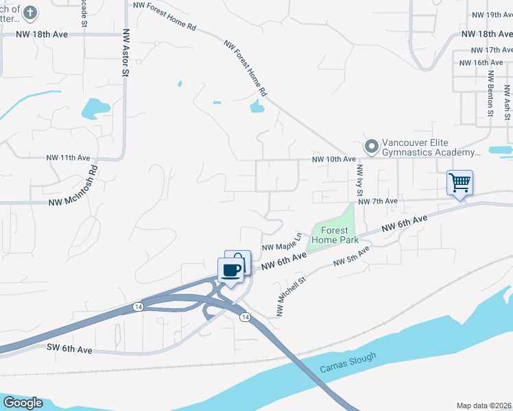 map of restaurants, bars, coffee shops, grocery stores, and more near 1547 Northwest 7th Avenue in Camas