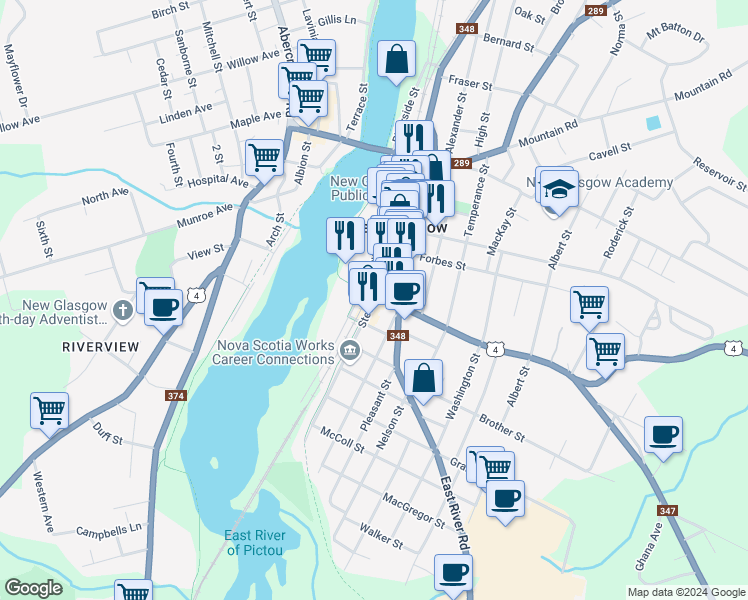 map of restaurants, bars, coffee shops, grocery stores, and more near 298 Stewart Street in New Glasgow