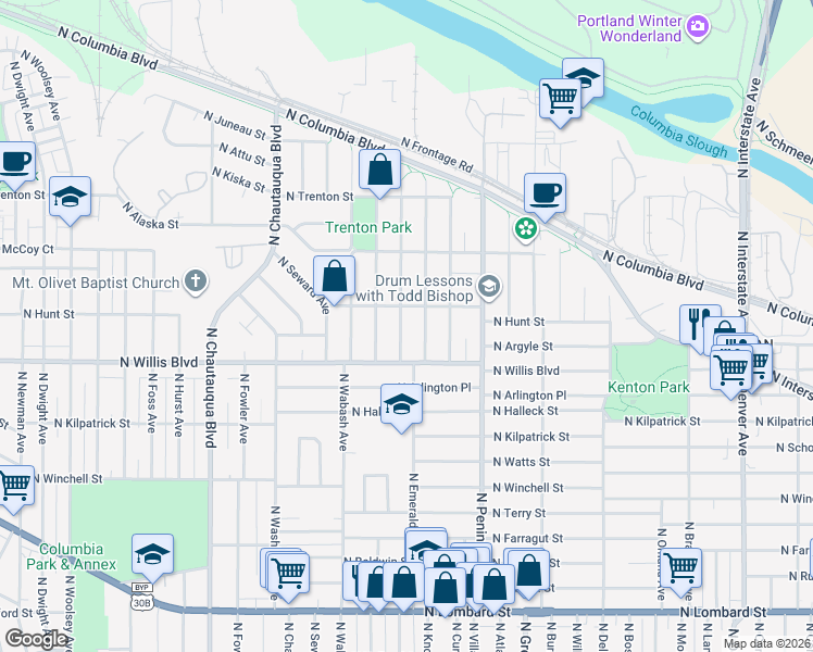 map of restaurants, bars, coffee shops, grocery stores, and more near 8530 North Bayard Avenue in Portland