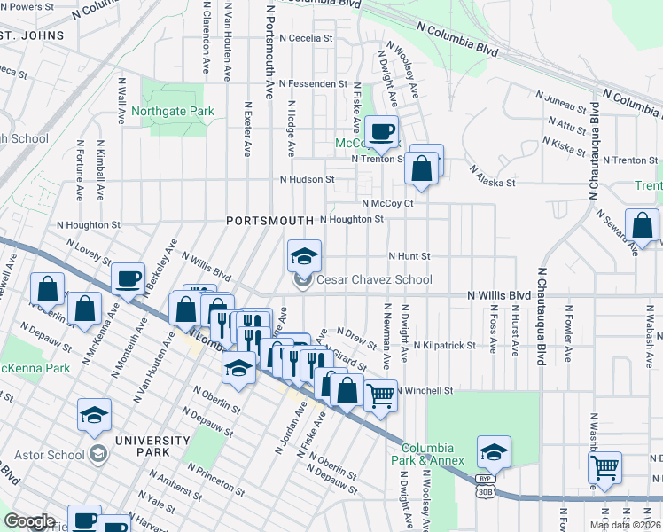 map of restaurants, bars, coffee shops, grocery stores, and more near 8614 North Haven Avenue in Portland