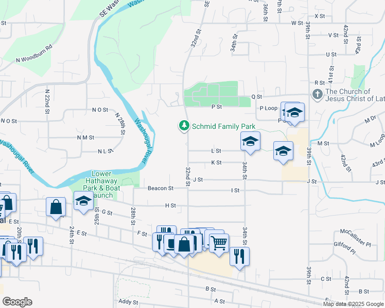 map of restaurants, bars, coffee shops, grocery stores, and more near 3204 L Street in Washougal
