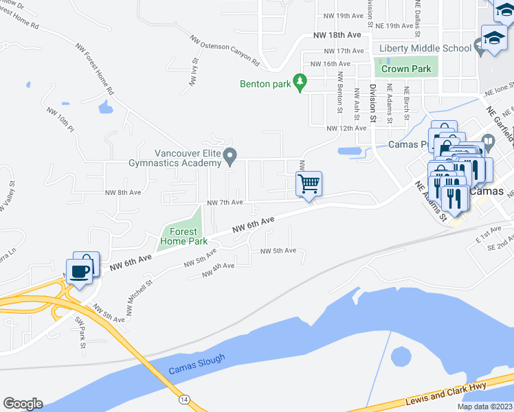 map of restaurants, bars, coffee shops, grocery stores, and more near 708 Northwest 7th Avenue in Camas