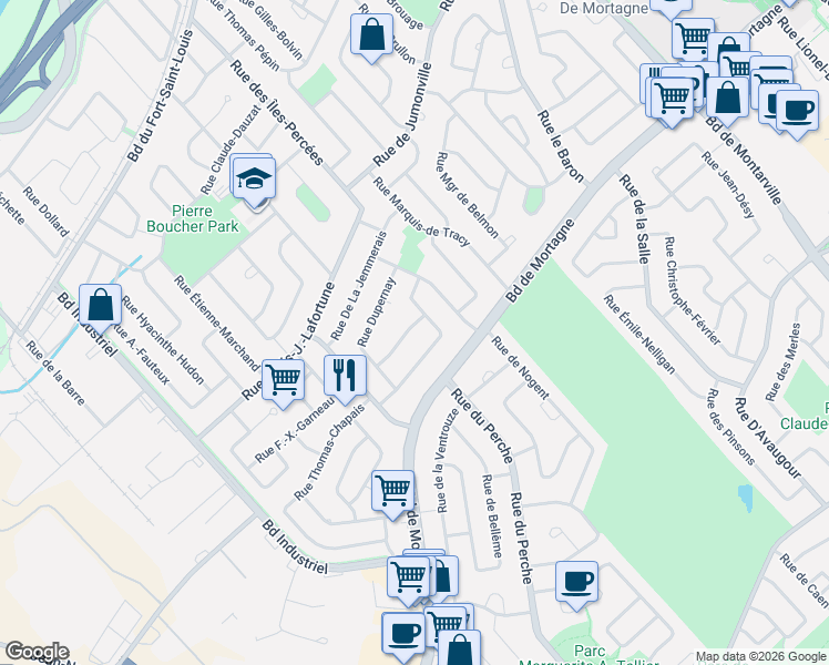 map of restaurants, bars, coffee shops, grocery stores, and more near 260 Rue Jérôme Lalemant in Boucherville