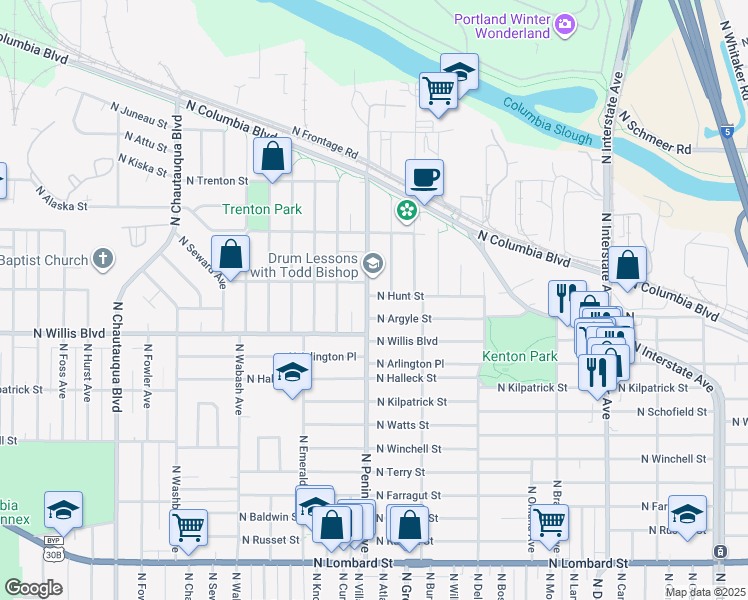 map of restaurants, bars, coffee shops, grocery stores, and more near 8538 North Peninsular Avenue in Portland