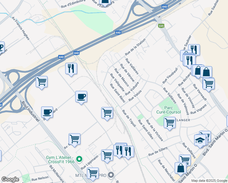 map of restaurants, bars, coffee shops, grocery stores, and more near 2284 Rue Saint-Rémi in Laval