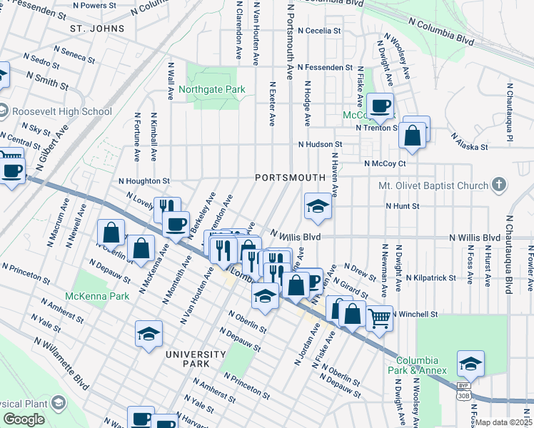 map of restaurants, bars, coffee shops, grocery stores, and more near 8405 North Portsmouth Avenue in Portland