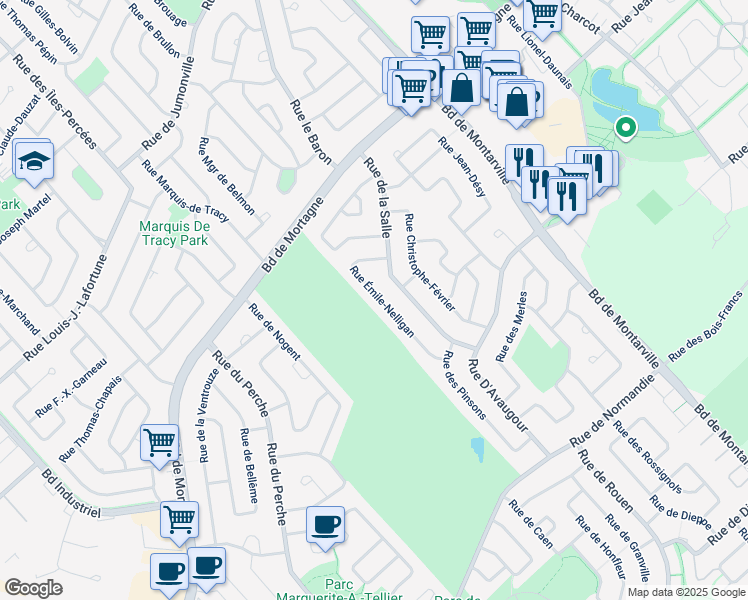 map of restaurants, bars, coffee shops, grocery stores, and more near 1024 Rue Émile Nelligan in Boucherville