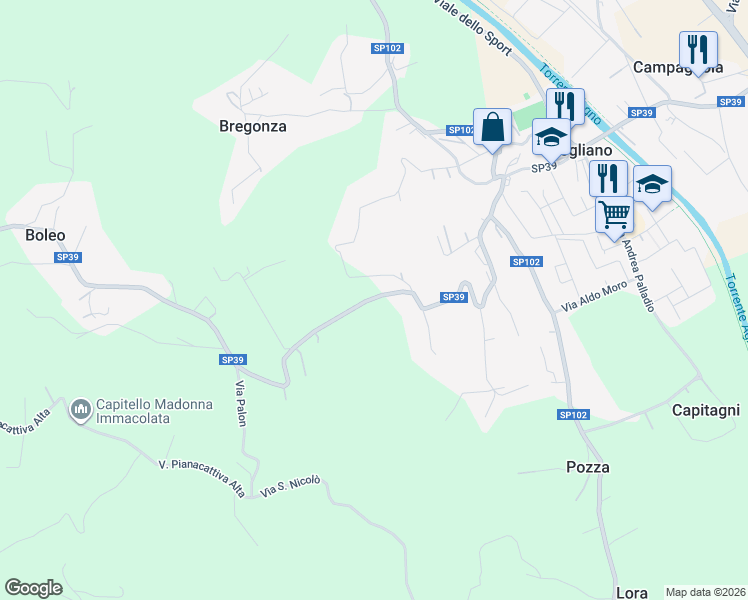 map of restaurants, bars, coffee shops, grocery stores, and more near 3 Via Monte in Brogliano