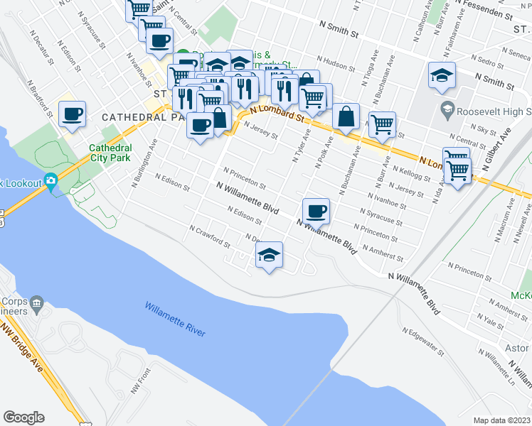 map of restaurants, bars, coffee shops, grocery stores, and more near 7804 North Willamette Boulevard in Portland