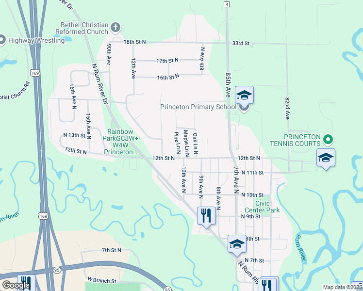 map of restaurants, bars, coffee shops, grocery stores, and more near 1218 Pine Lane North in Princeton