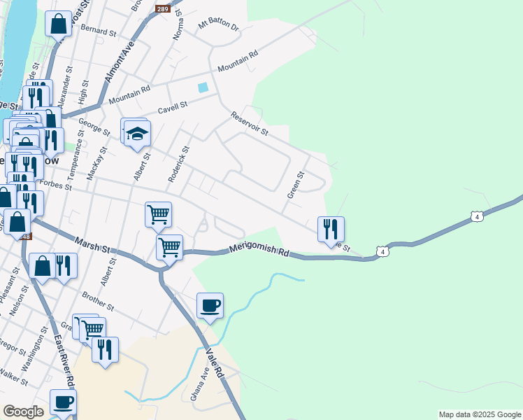 map of restaurants, bars, coffee shops, grocery stores, and more near 591 Lorne Street in New Glasgow