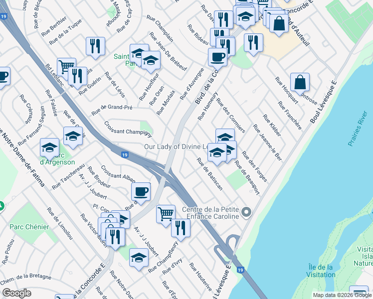 map of restaurants, bars, coffee shops, grocery stores, and more near 815 Rue de Batiscan in Laval