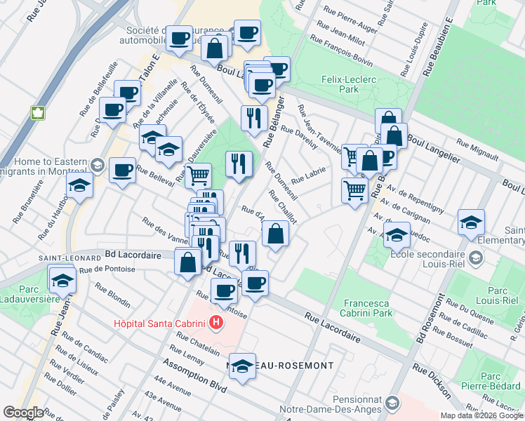 map of restaurants, bars, coffee shops, grocery stores, and more near 6863 Rue d'Avila in Montréal