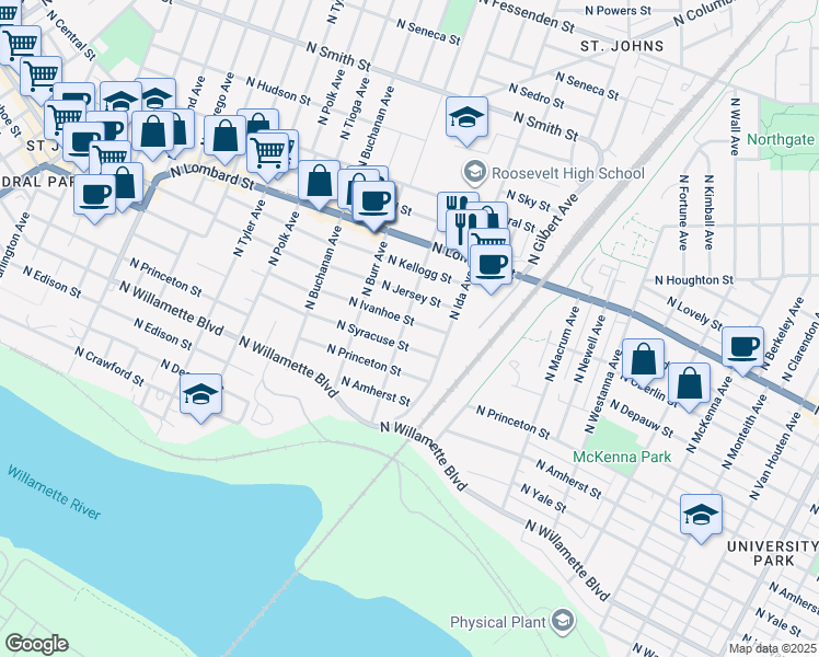 map of restaurants, bars, coffee shops, grocery stores, and more near 7034 North Ivanhoe Street in Portland