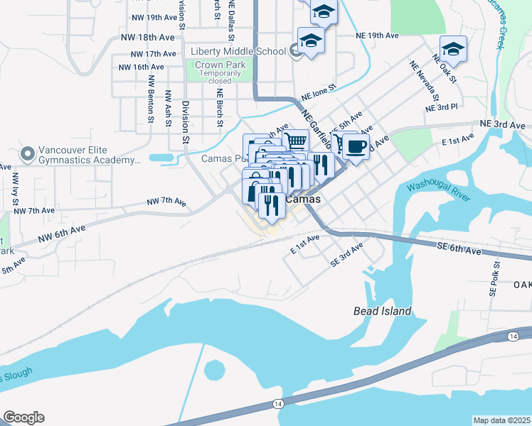 map of restaurants, bars, coffee shops, grocery stores, and more near 307 Northeast Birch Street in Camas
