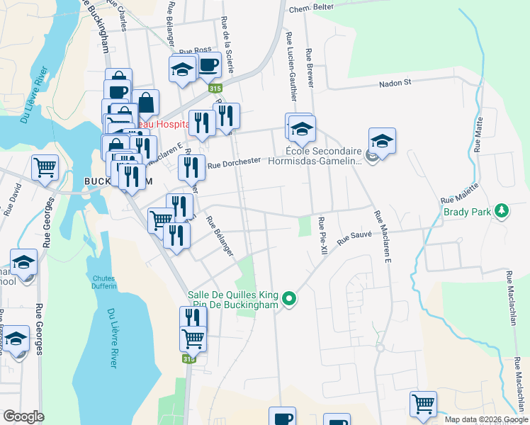 map of restaurants, bars, coffee shops, grocery stores, and more near Rue Church in Gatineau