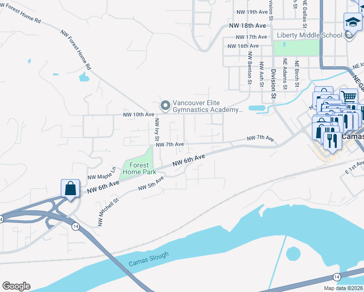 map of restaurants, bars, coffee shops, grocery stores, and more near 810 Northwest 7th Avenue in Camas