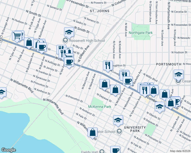 map of restaurants, bars, coffee shops, grocery stores, and more near 7450 North Newell Avenue in Portland