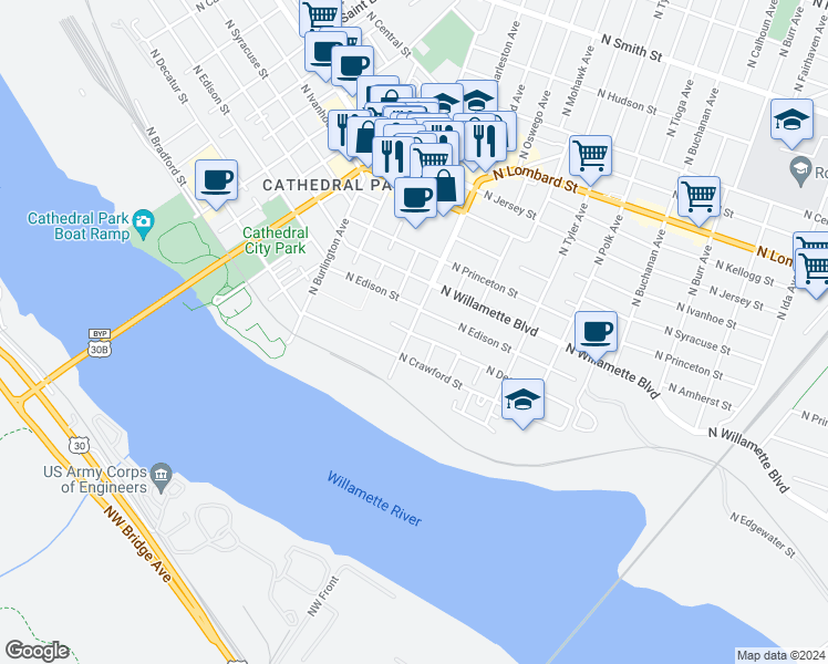 map of restaurants, bars, coffee shops, grocery stores, and more near 6804 North Richmond Avenue in Portland