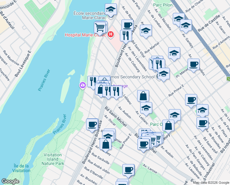 map of restaurants, bars, coffee shops, grocery stores, and more near 10885 Avenue Audoin in Montréal