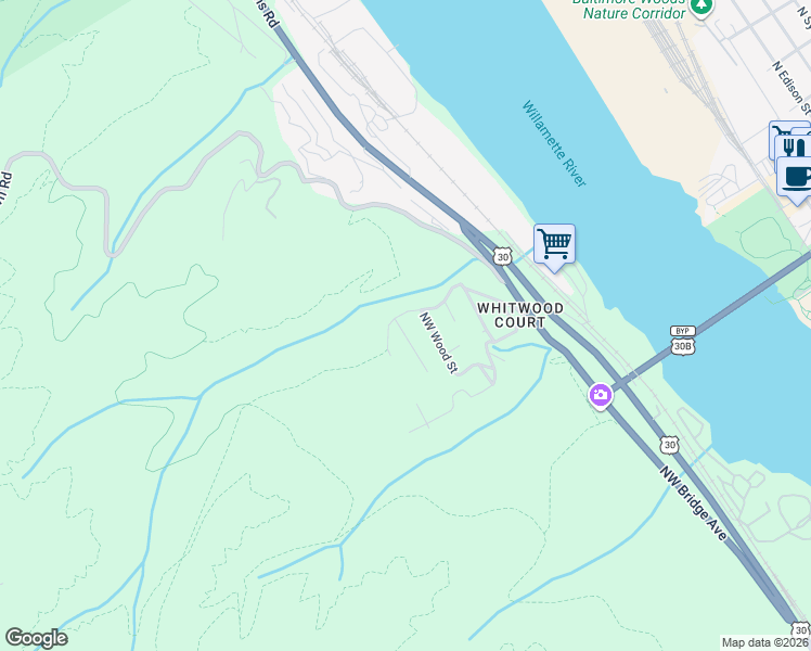 map of restaurants, bars, coffee shops, grocery stores, and more near 8734 Northwest Ogden Street in Portland