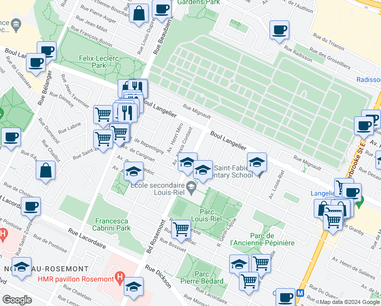 map of restaurants, bars, coffee shops, grocery stores, and more near 6483 Boulevard Rosemont in Montréal