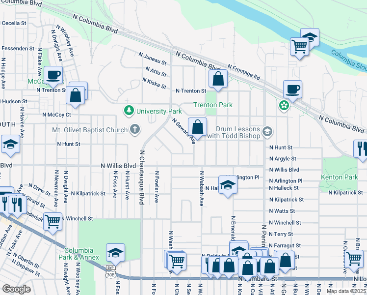 map of restaurants, bars, coffee shops, grocery stores, and more near 8634 North Chase Avenue in Portland
