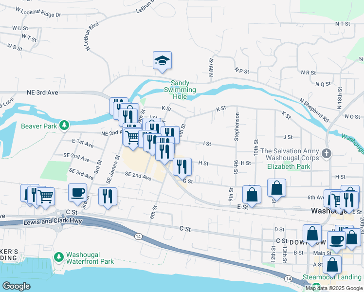 map of restaurants, bars, coffee shops, grocery stores, and more near 742 6th Street in Washougal