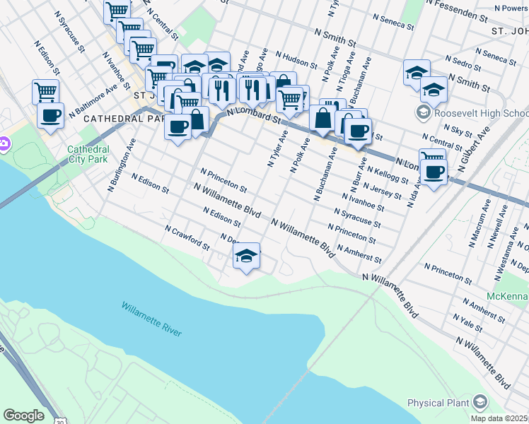 map of restaurants, bars, coffee shops, grocery stores, and more near 7721 North Willamette Boulevard in Portland