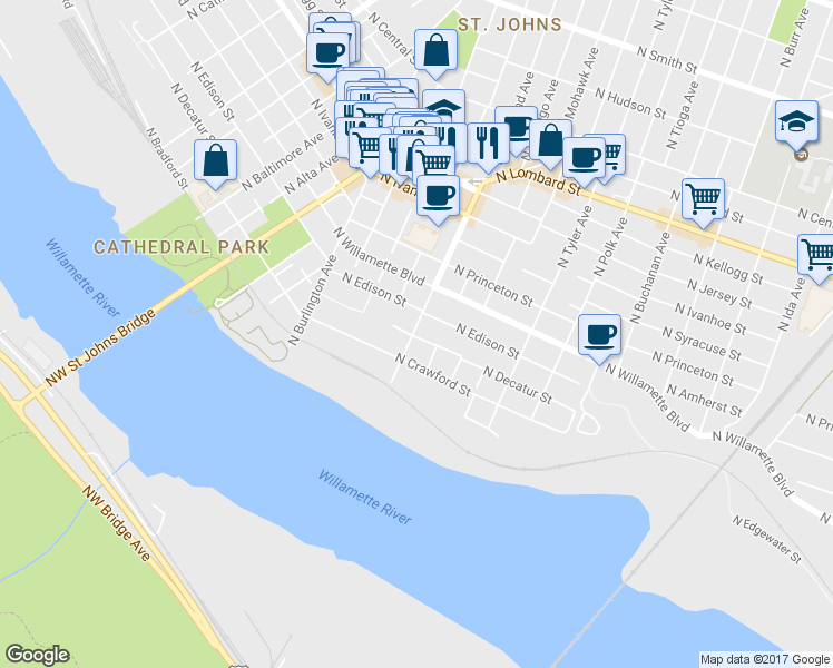 map of restaurants, bars, coffee shops, grocery stores, and more near 6806 North Richmond Avenue in Portland