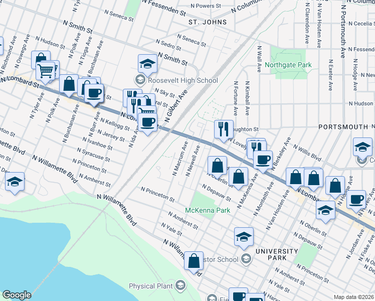 map of restaurants, bars, coffee shops, grocery stores, and more near 7442 North Macrum Avenue in Portland