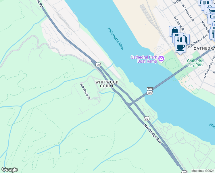 map of restaurants, bars, coffee shops, grocery stores, and more near 8790 Northwest Springville Court in Portland