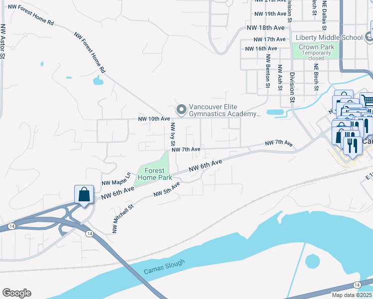map of restaurants, bars, coffee shops, grocery stores, and more near 883 Northwest 7th Avenue in Camas