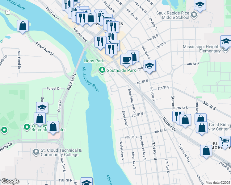 map of restaurants, bars, coffee shops, grocery stores, and more near 33 Portage Trail in Sauk Rapids
