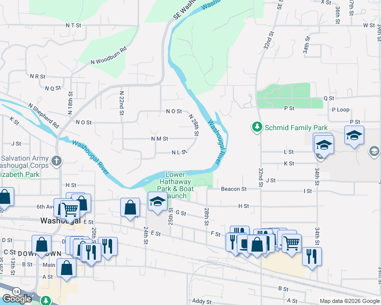 map of restaurants, bars, coffee shops, grocery stores, and more near 2708 North L Street in Washougal