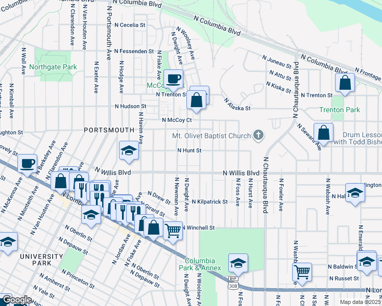 map of restaurants, bars, coffee shops, grocery stores, and more near 8603 North Woolsey Avenue in Portland