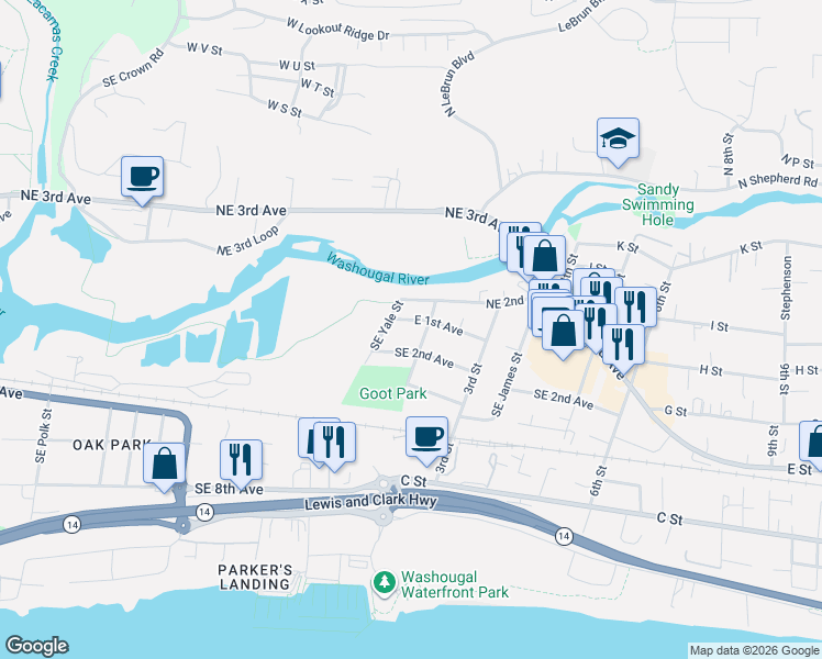 map of restaurants, bars, coffee shops, grocery stores, and more near 116 Southeast Zenith Street in Camas