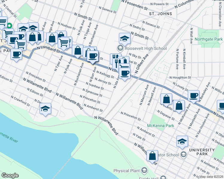 map of restaurants, bars, coffee shops, grocery stores, and more near 7220 North Ida Avenue in Portland