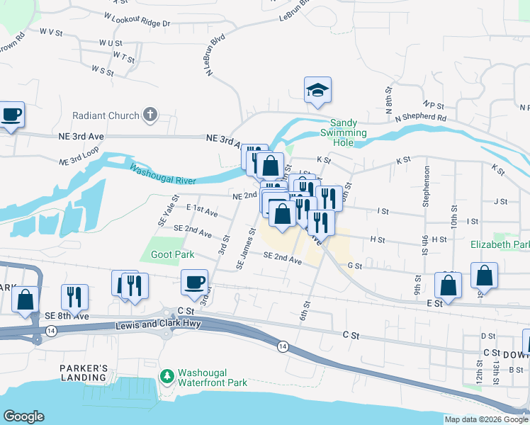 map of restaurants, bars, coffee shops, grocery stores, and more near 140 Northeast James Street in Camas