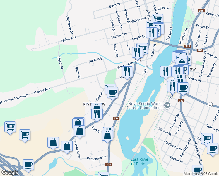 map of restaurants, bars, coffee shops, grocery stores, and more near 40 Athletic Street in New Glasgow