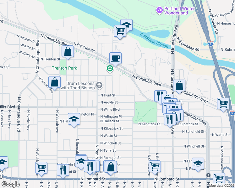 map of restaurants, bars, coffee shops, grocery stores, and more near 2609 North Hunt Street in Portland