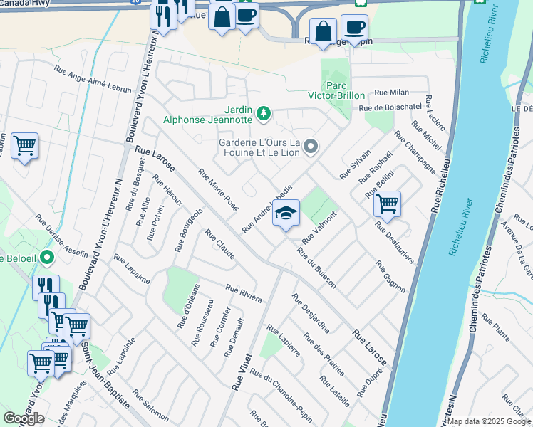 map of restaurants, bars, coffee shops, grocery stores, and more near 1371 Rue André Labadie in Beloeil