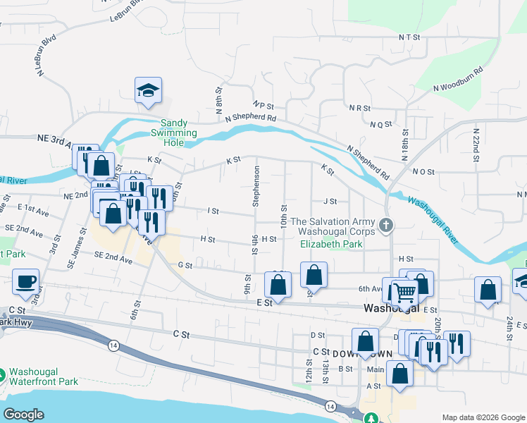 map of restaurants, bars, coffee shops, grocery stores, and more near 928 9th Street in Washougal
