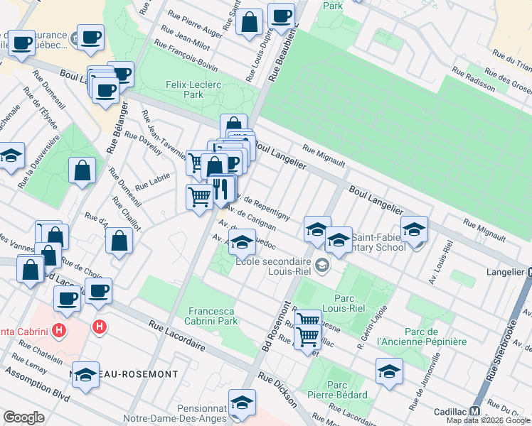 map of restaurants, bars, coffee shops, grocery stores, and more near 6342 Avenue de Repentigny in Montréal