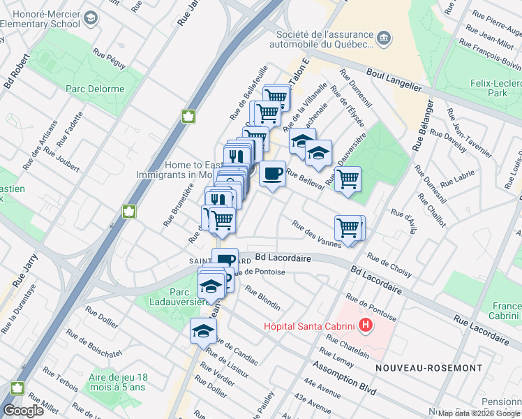 map of restaurants, bars, coffee shops, grocery stores, and more near 5905 Rue Charmenil in Montréal