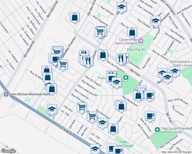 map of restaurants, bars, coffee shops, grocery stores, and more near 4717 Rue de Colombey in Montréal